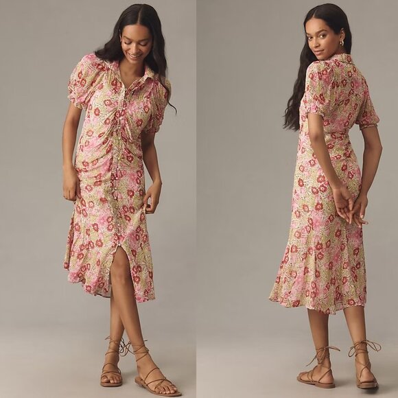 Anthropologie Dresses & Skirts - By Anthropologie Puff-Sleeve Ruched Mesh Midi Shirt Dress 4p new pink nwt